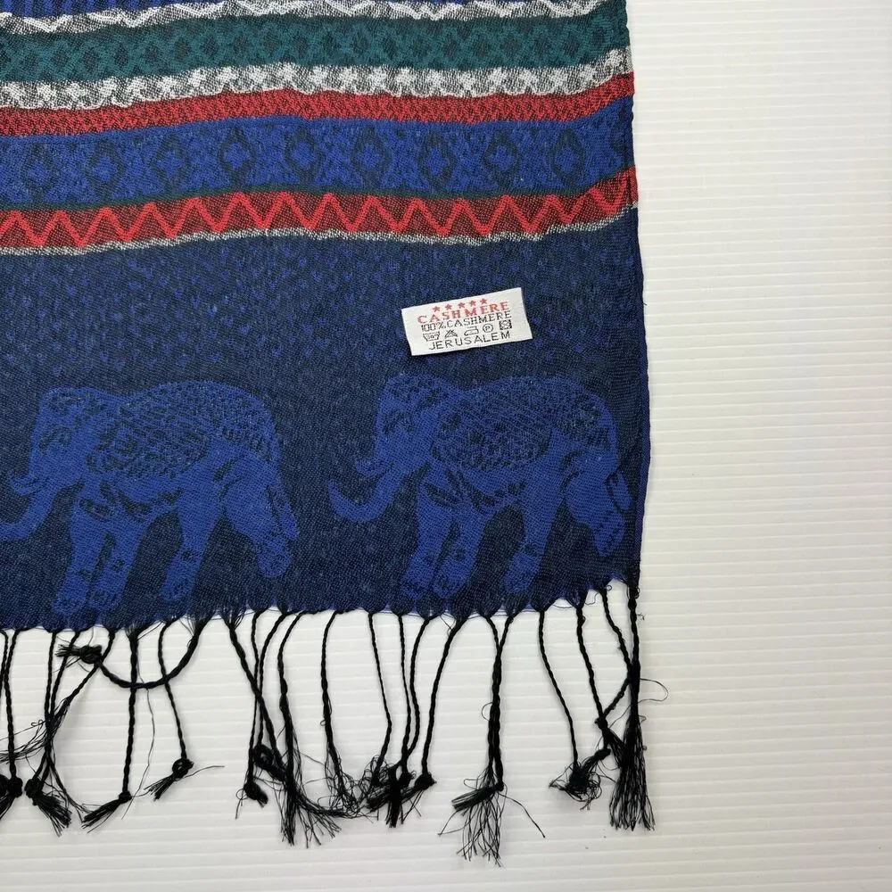 Jerusalem 100% Cashmere Elephant Scarf Blue Red Green Boho Fringe Wrap Shawl